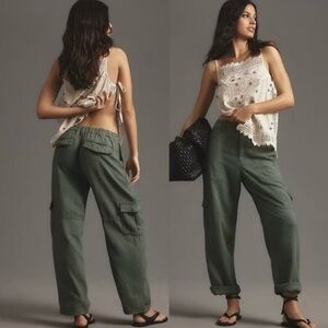 Anthropologie Pilcro Slim Linen Cargo Beach Pants XS Olive Green‎ Baggy Relaxed